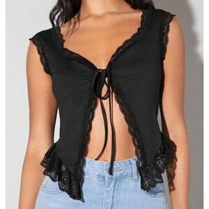 SHEINBAE Black Lace Trim Tie Front Open Camisole Top Fairy Goth Dark Medium‎ NWT